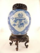 CHINESE BLUE AND WHITE GINGER JAR, 19th Century, decorated with precious objects against a prunus