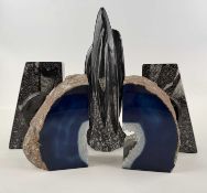 PAIR OF BLUE AGATE BOOKENDS, 14cms (h), a Moroccan Orthoceras fossil sculpture, 25.5cms (h), and a