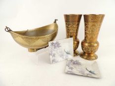 EASTERN BRASS HANGING INCENSE BURNER, of boat shape, 23cm, also a PAIR OF INDIAN DAMASCENED BRASS