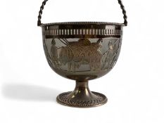 VICTORIAN SILVER GRECIAN REVIVAL PEDESTAL SUGAR BASKET, with frosted glass liner, pierced with