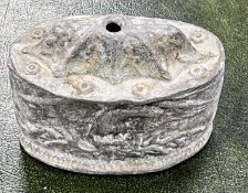 Antique lead tobacco jar (lacking liner), 12cm (w) Provenance: private collection Cheshire