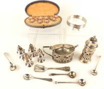 ASSORTED SILVER COLLECTABLES including six condiment spoons, oval mustard pot with pierced sides and