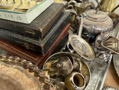 QUANTITY OF MIXED SILVER PLATE, including wine funnel, cocktail shaker, entrée dishes, baskets,