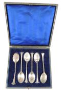 CASED SET OF SIX GEORGE V SILVER TEA SPOONS with shell embossed bowls, William Hutton & Sons Ltd.