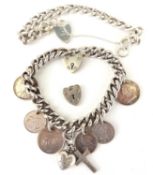 SILVER CHARM BRACELET, also a silver curb link bracelet and an additional padlock clasp , 64g (3)