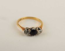 SAPPHIRE AND DIAMOND THREE STONE RING in 18ct gold and platinum, total diamond approx. 0.44ct,