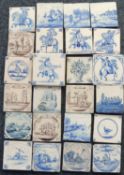 TWENTY FOUR DUTCH DELFT TILES, 18th/19th Century, including four Manganese examples with scenes from