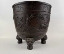 JAPANESE BRONZE JARDINIERE, Meiji period, decorated with exotic birds and flowering branches, on