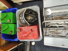 THREE VINTAGE PETROL CANS, also a VINTAGE MOTORCYCLE HELMET (for decorative use only) and goggles,