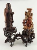 CHINESE CARVED SOAPSTONE SCULPTURE, featuring a flower encrusted rock, 25cm, also a CHINESE CARVED