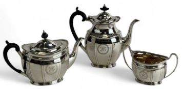 GEORGE VI SILVER THREE-PIECE TEA SERVICE of octagonal form, each piece with engraved monogram 'H'