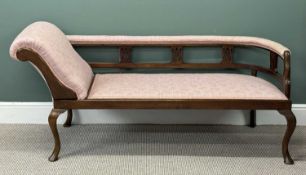MAHOGANY FRAMED CHAISE LONGUE with scroll end, pink fabric upholstered backrest, seat and armrest,