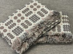 TREFRIW WOOLLEN MILLS PAIR OF TRADITIONAL WELSH WOOLLEN BLANKETS, cream and brown geometric pattern,