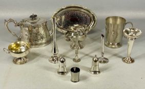 ASSORTED PLATED WARE, including an oval EPBM teapot with ebony finial, 16cms (h); EPNS pint tankard;