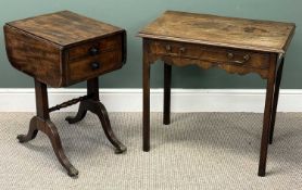 TWO TABLES INCLUDING 19TH CENTURY MAHOGANY PEMBROKE TABLE, cross banded top with drop leaves, over