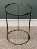 MID-CENTURY CIRCULAR METAL FRAMED OCCASIONAL TABLE with clear glass top, 56 (h) x 40cms (diam.)