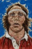 ‡ RAY THOMAS mixed media - head and shoulder portrait of JPR Williams, inscription verso,