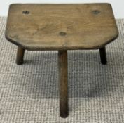 ANTIQUE WELSH ELM MILKING TOOL, shaped rectangular top, splayed turned supports, 30 (h) x 37 (w) x