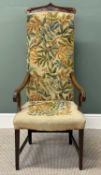 VICTORIAN MAHOGANY FRAMED HIGH BACK ARMCHAIR with carved top rail, scrolled arm supports, shaped