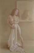 DEANNE DODDINGTON MIZEN pastel - full length semi-nude female with drapes, reflected in mirror,