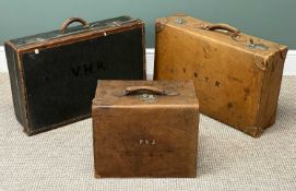 VINTAGE LUGGAGE, leather hat box, monogrammed 'F.V.J', 28 x 43 x 35cms; leather suitcase