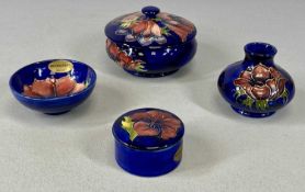 MOORCROFT ANEMONE CIRCULAR LIDDED BOWL, 12.5cms (diam.), and squat vase, 7.5cms (h); hibiscus