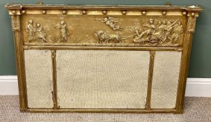 19TH CENTURY GILT FRAMED OVERMANTEL MIRROR, frieze of classical figures over the three plates, 73