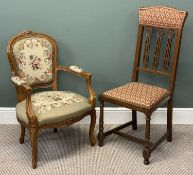 TWO CHAIRS INCLUDING SALON TYPE OPEN ARMCHAIR with studded tapestry upholstered seat, armrests,