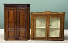 TWO 19TH CENTURY FLAT FRONT CORNER CUPBOARDS, glazed two-door with painted shelved interior, 106 (h)