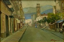 ‡ PASQUALE MONACO (Italian, b. 1948) oil on board - continental street scene with church tower,
