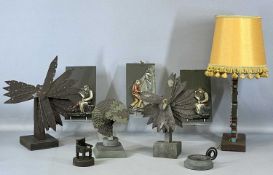 GROUP OF WELSH SLATE ORNAMENTS, including two table fans, 39cms (h) the tallest; harp table lamp