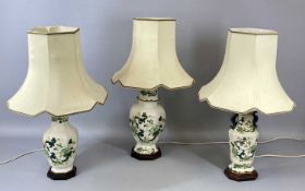 THREE MASON'S CHARTREUSE PATTERN TABLE LAMPS, standing on octagonal wooden bases, cream fabric
