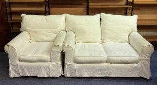 CREAM UPHOLSTERED TWO-SEATER SETTEE & MATCHING ARMCHAIR, settee approx. 90 (h) x 140 (w) x 96cms (d)