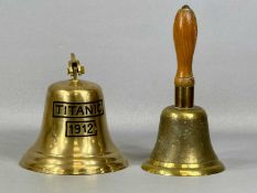 BRASS SHIP'S BELL, Titanic 1912, with wall bracket, 15cms (h); and a cast brass school bell with