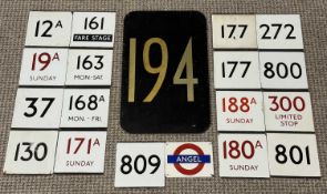 VINTAGE LONDON ROUTEMASTER BUS NUMBERS, 194, gold on black glass, 39.5 x 25cms; 17, black/red on