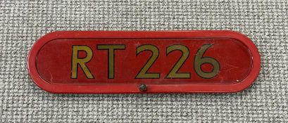 LONDON TRANSPORT ROUTEMASTER BONNET FLEET NUMBER PLATE, RT226, red with gold lettering, 50.5cms (