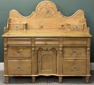 VICTORIAN PINE DRESSER, raised shaped back with carved motif to centre and a drawer to either