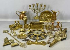 ASSORTED BRASSWARE, including an engraved brass five-arm candle holder, 22cms (h); cast brass