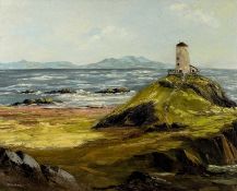 ‡ J. P. WILLIAMS oil on board - Llanddwyn Lighthouse, Anglesey, signed lower left, 47 x 59cms