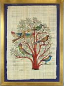 LARGE EGYPTIAN PAPYRUS PICTURE - birds perched in a tree, signed lower left, 93 x 63cms