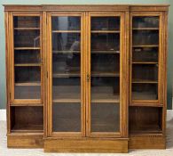 19TH CENTURY OAK GLAZED FOUR-DOOR BREAKFRONT BOOKCASE, adjustable shelf-lined interior, 161 (h) x