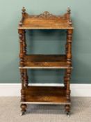 VICTORIAN INLAID WALNUT THREE-TIER WHATNOT, with fret pierced gallery, turned columns, 104 (h) x