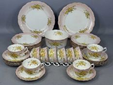 REDFERN & DRAKEFORD CHINA TEA SERVICE, cream and pink with gilded border, decorated with yellow