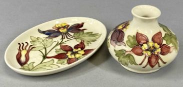WALTER MOORCROFT COLUMBINE OVAL DISH, 23.5 x 15.5cms, and squat vase, 12cms (h), both with impressed