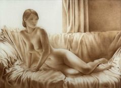 DEANNE DODDINGTON MIZEN watercolour on silk - entitled 'Nude with Drapes 2', signed lower right,