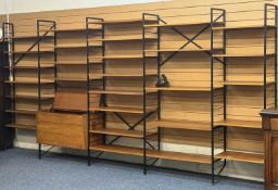 STAPLES LADDERAX MODULAR SHELVING SYSTEM with metal ends, incorporating a stereo cabinet with lift-
