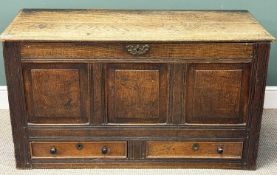 18TH CENTURY JOINED OAK MULE CHEST, triple panelled front over two drawers with turned knob handles,