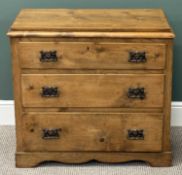 19TH CENTURY PINE CHEST OF THREE LONG DRAWERS, oxidised copper drop handles and back plates, 77 (