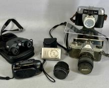 PENTAX K1000 SLR CAMERA, vintage Halina Paulette camera, Bushnell Powerview 10x25 binoculars with