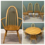 ERCOL LIGHT ELM CIRCULAR TABLE & CHAIRS table with pedestal column and four shaped legs, 74 (h) x